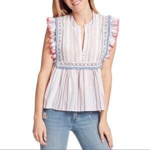 Ella Moss Natalia Boho Short Sleeve Top Fringe Striped Babydoll Notch Ruffle M